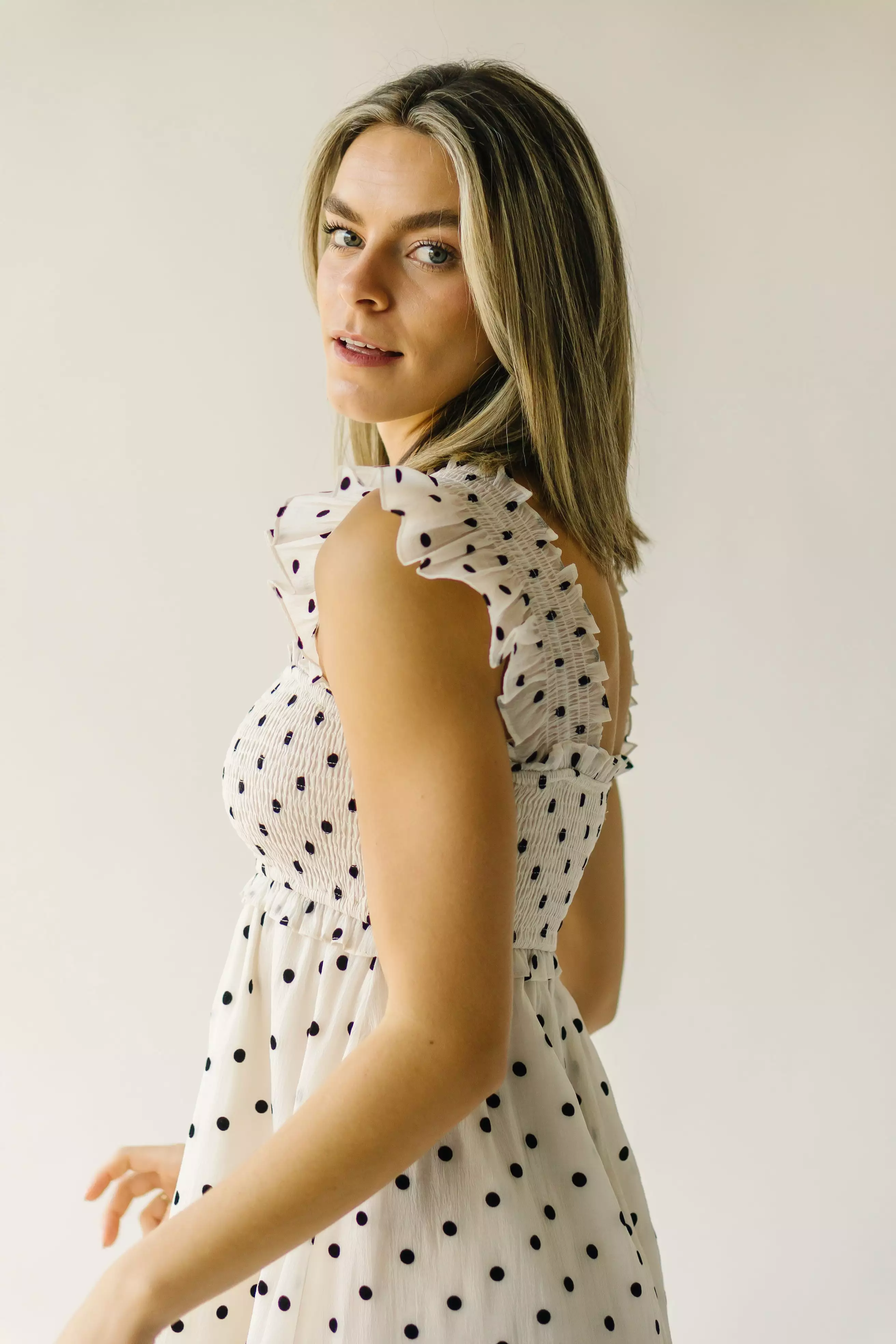 The Ternell Polka Dot Midi Dress in Off White