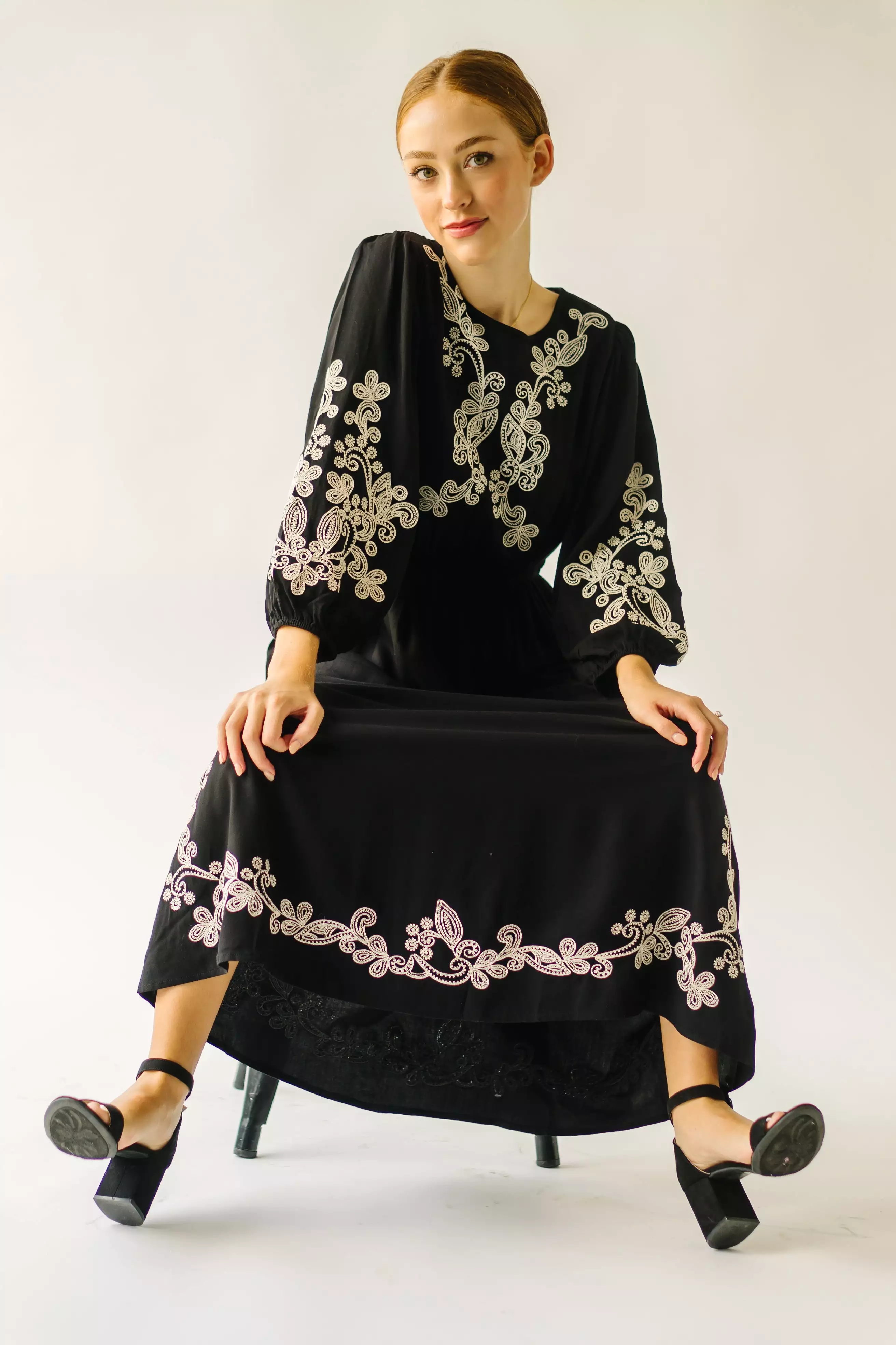 The Trimble Embroidered Midi Dress in Black