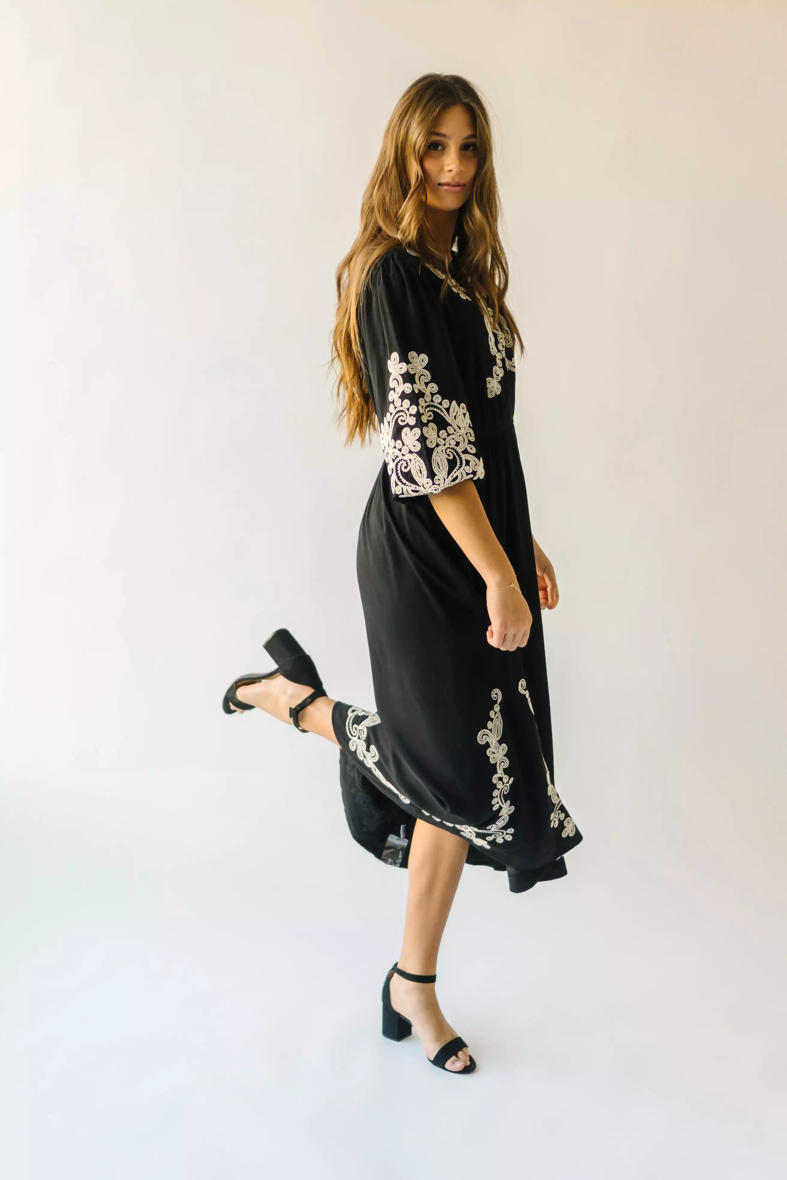 The Trimble Embroidered Midi Dress in Black