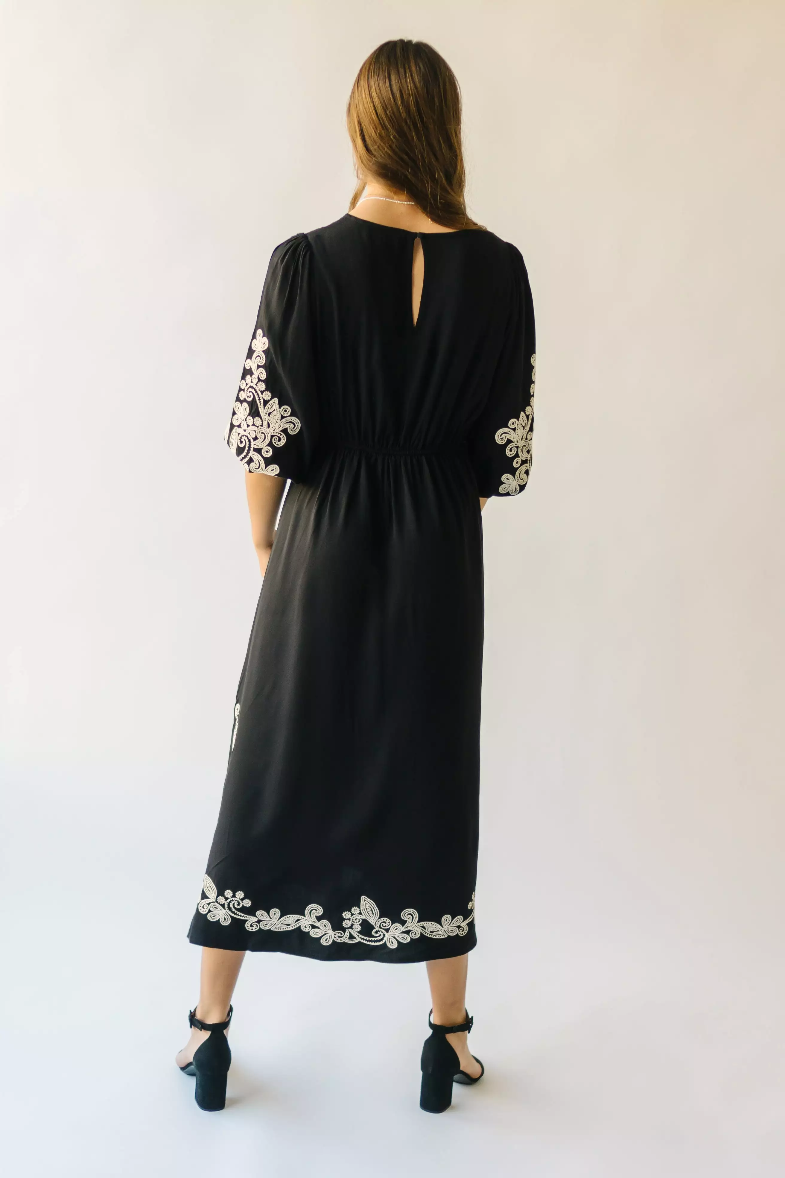 The Trimble Embroidered Midi Dress in Black