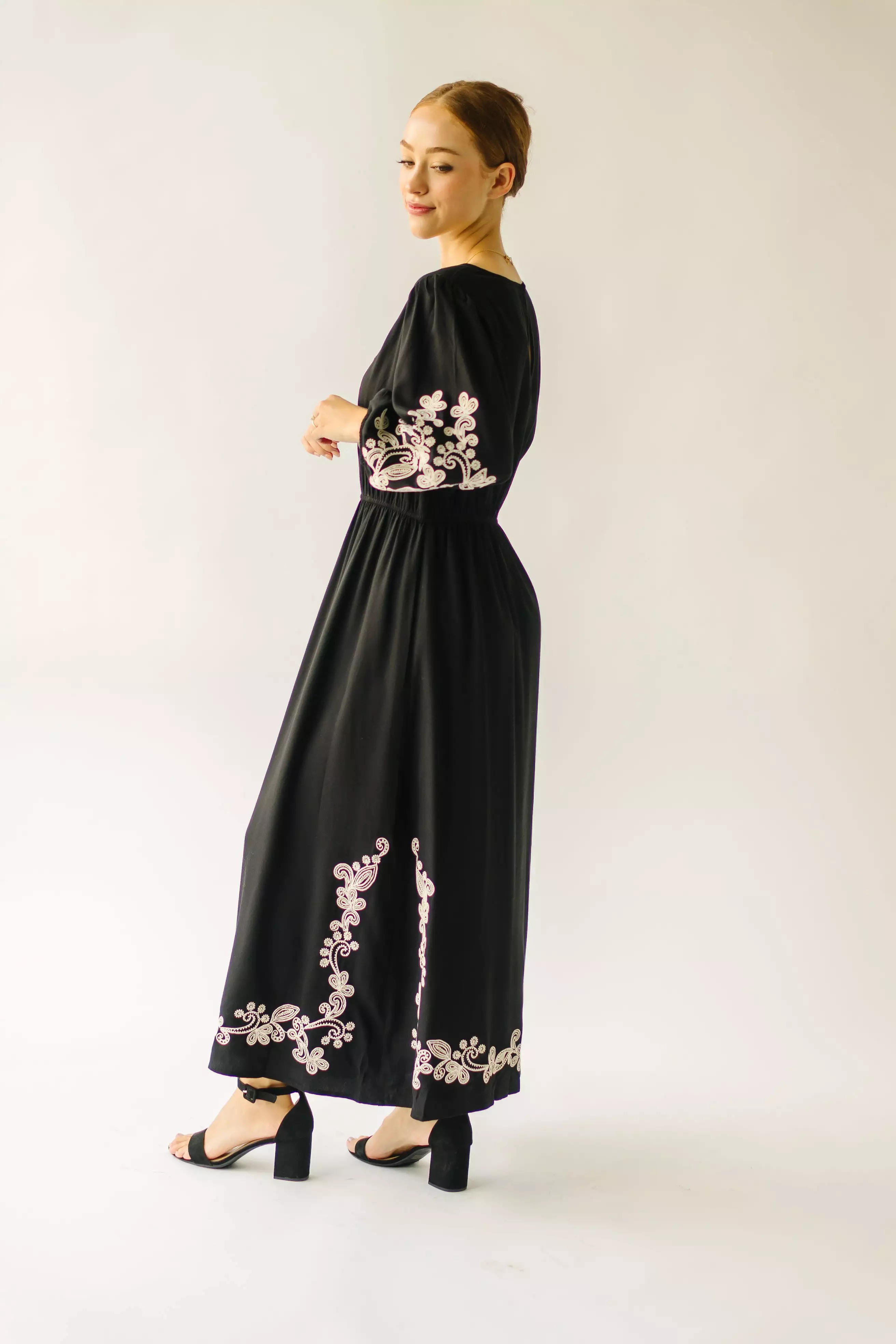 The Trimble Embroidered Midi Dress in Black