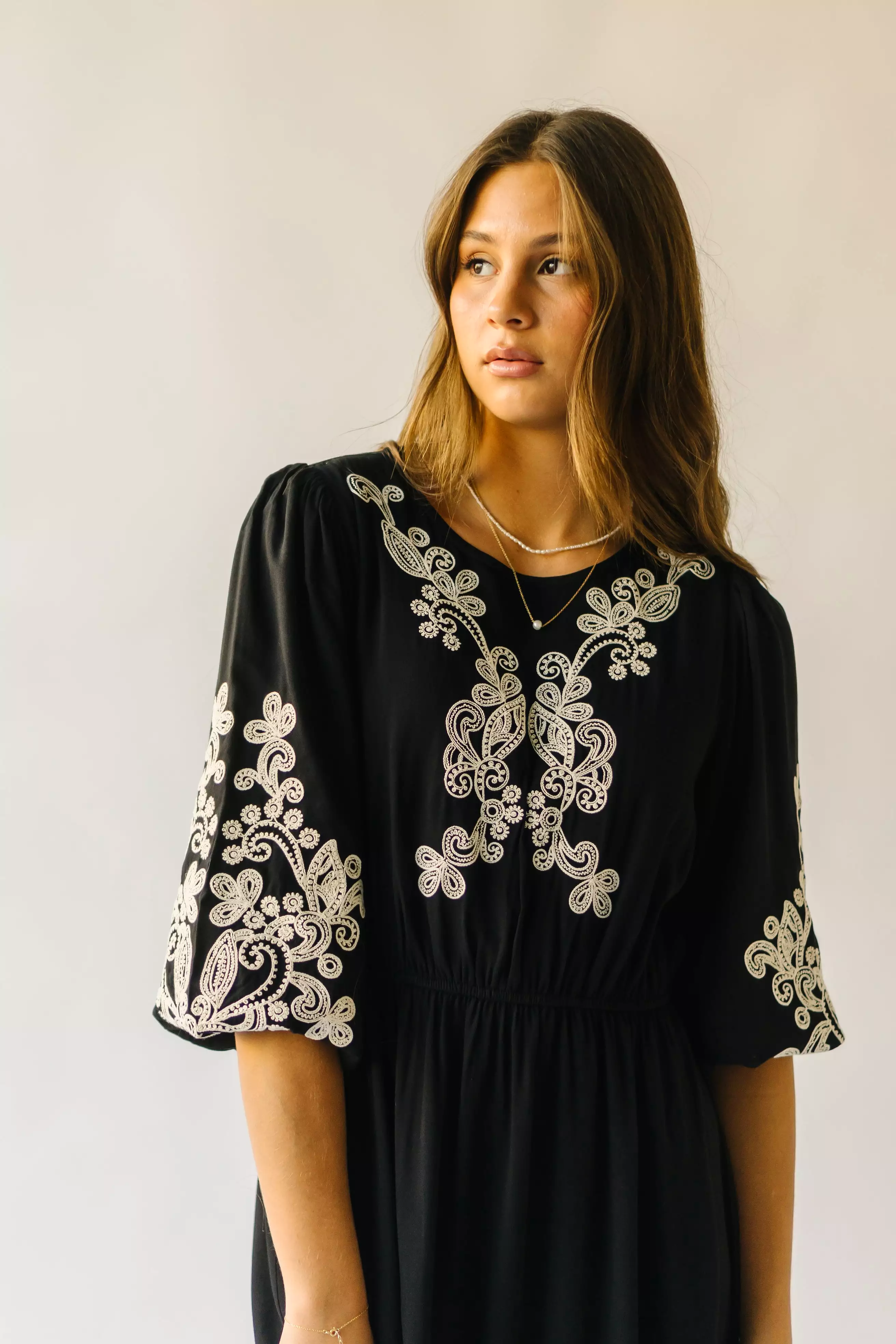 The Trimble Embroidered Midi Dress in Black