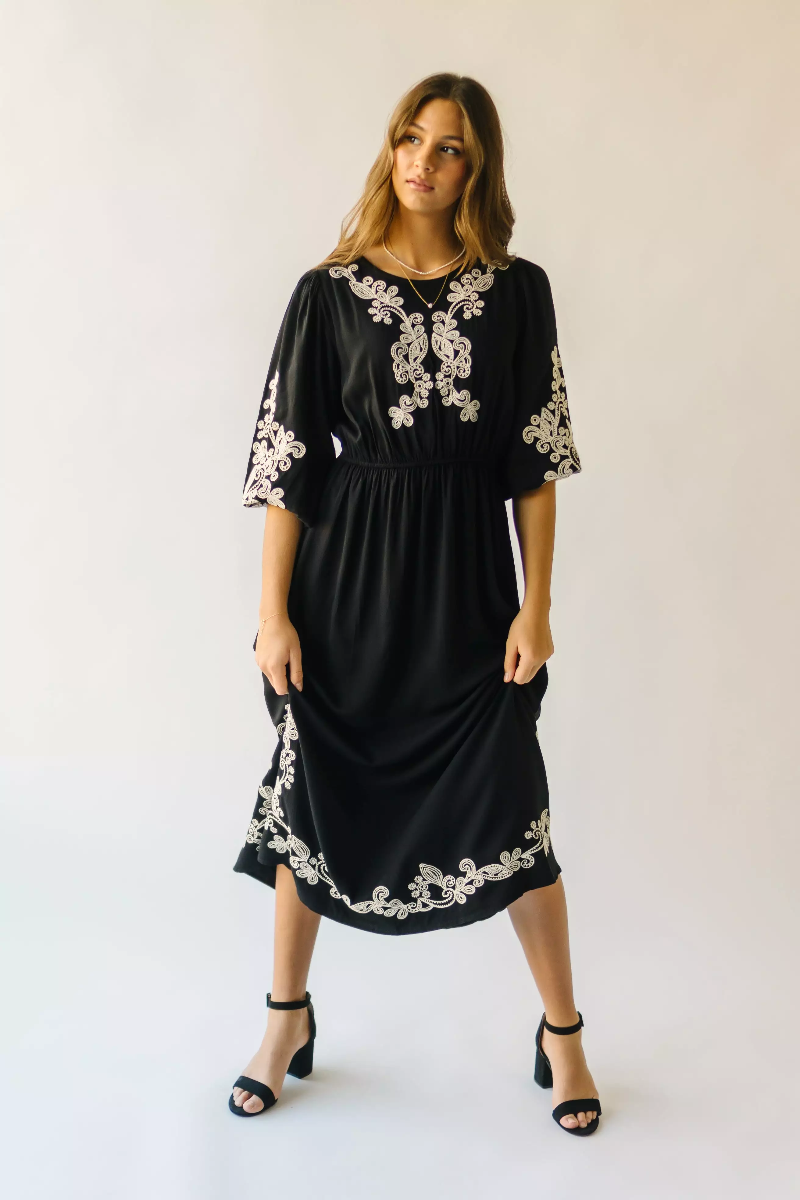 The Trimble Embroidered Midi Dress in Black