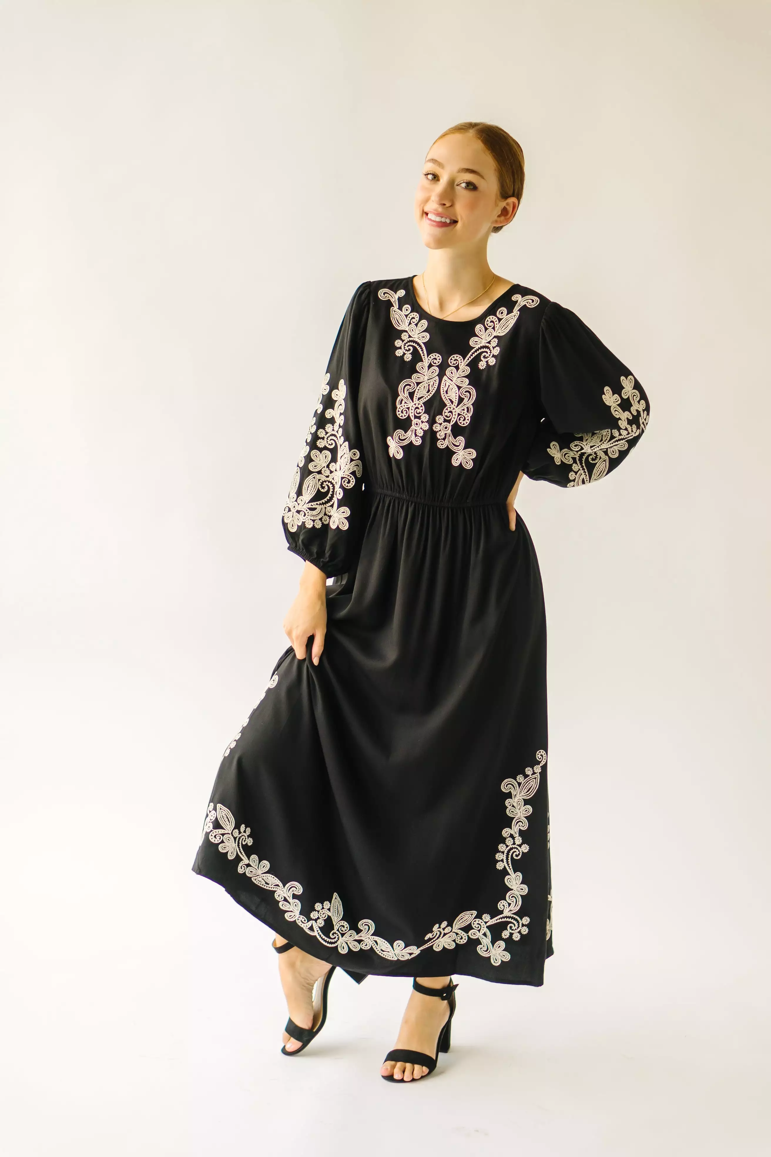 The Trimble Embroidered Midi Dress in Black