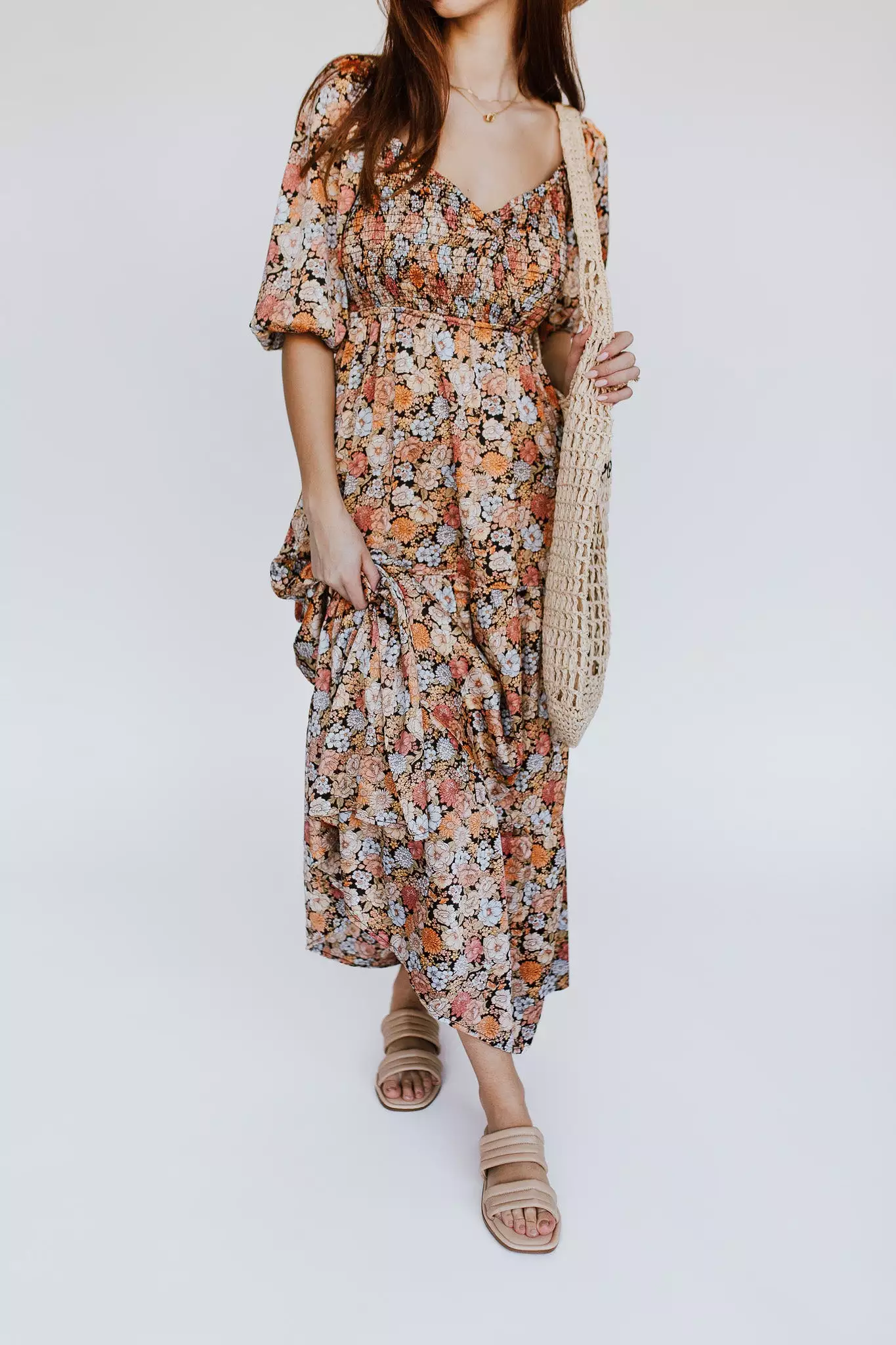 The Wellborn Smocked Maxi Dress in Black Multi