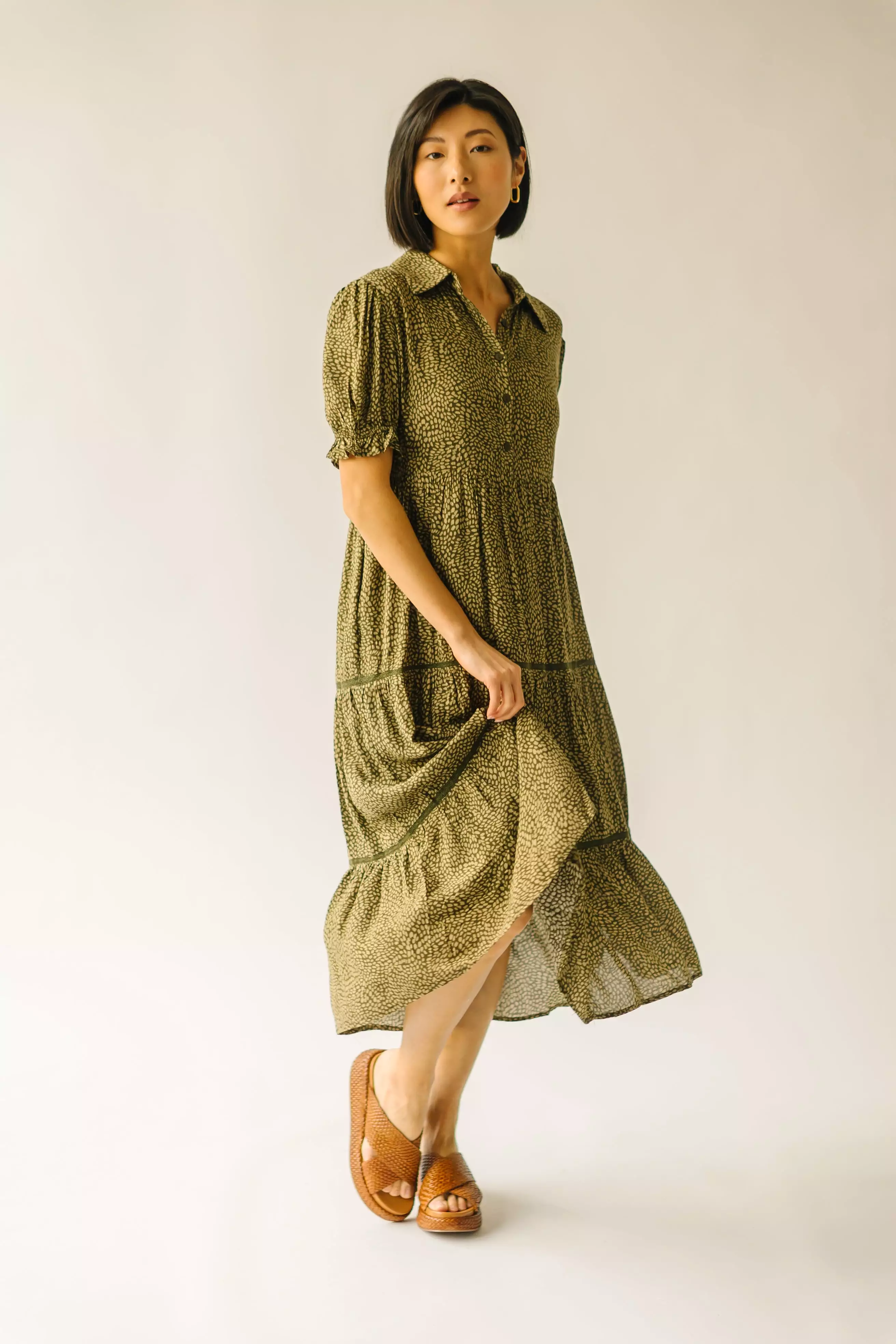 The Willden Tiered Midi Dress in Olive