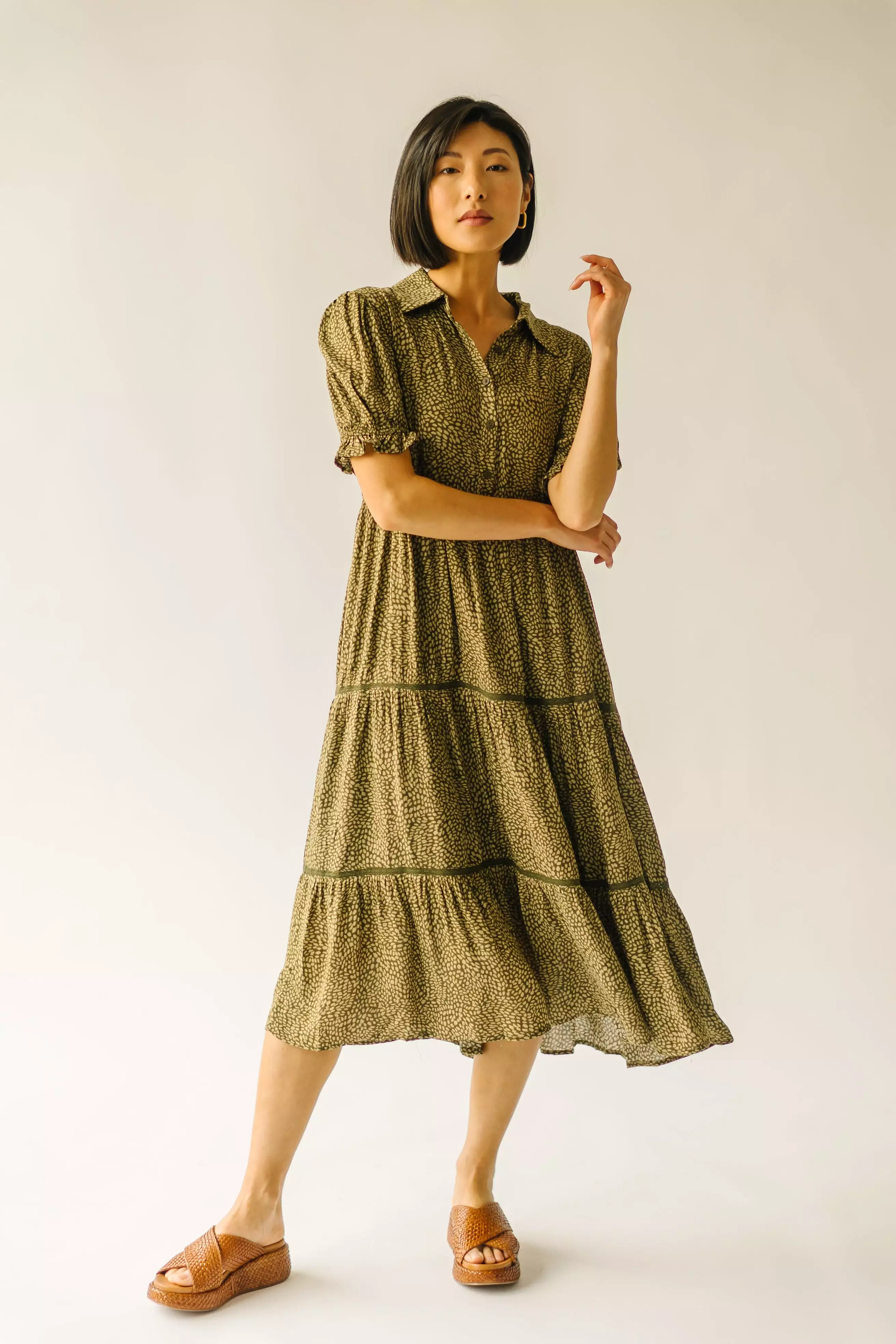 The Willden Tiered Midi Dress in Olive