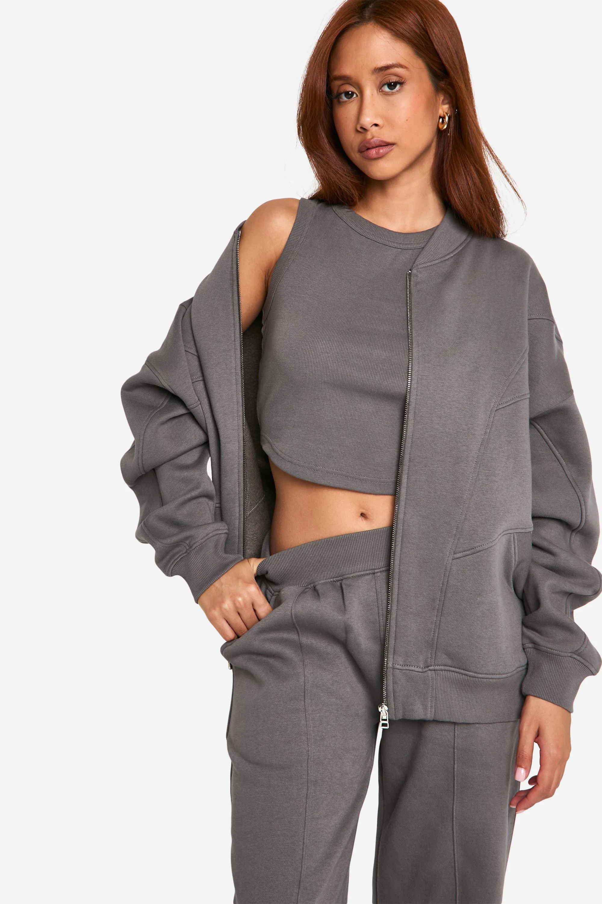 Tracksuits | Seam Detail Zip Through 3 Piece Tracksuit | boohoo