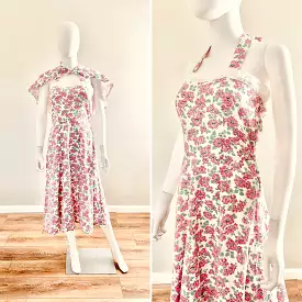 Vintage 1950s Linen Floral Sundress with Caplet / 50s Retro Dress / Size S