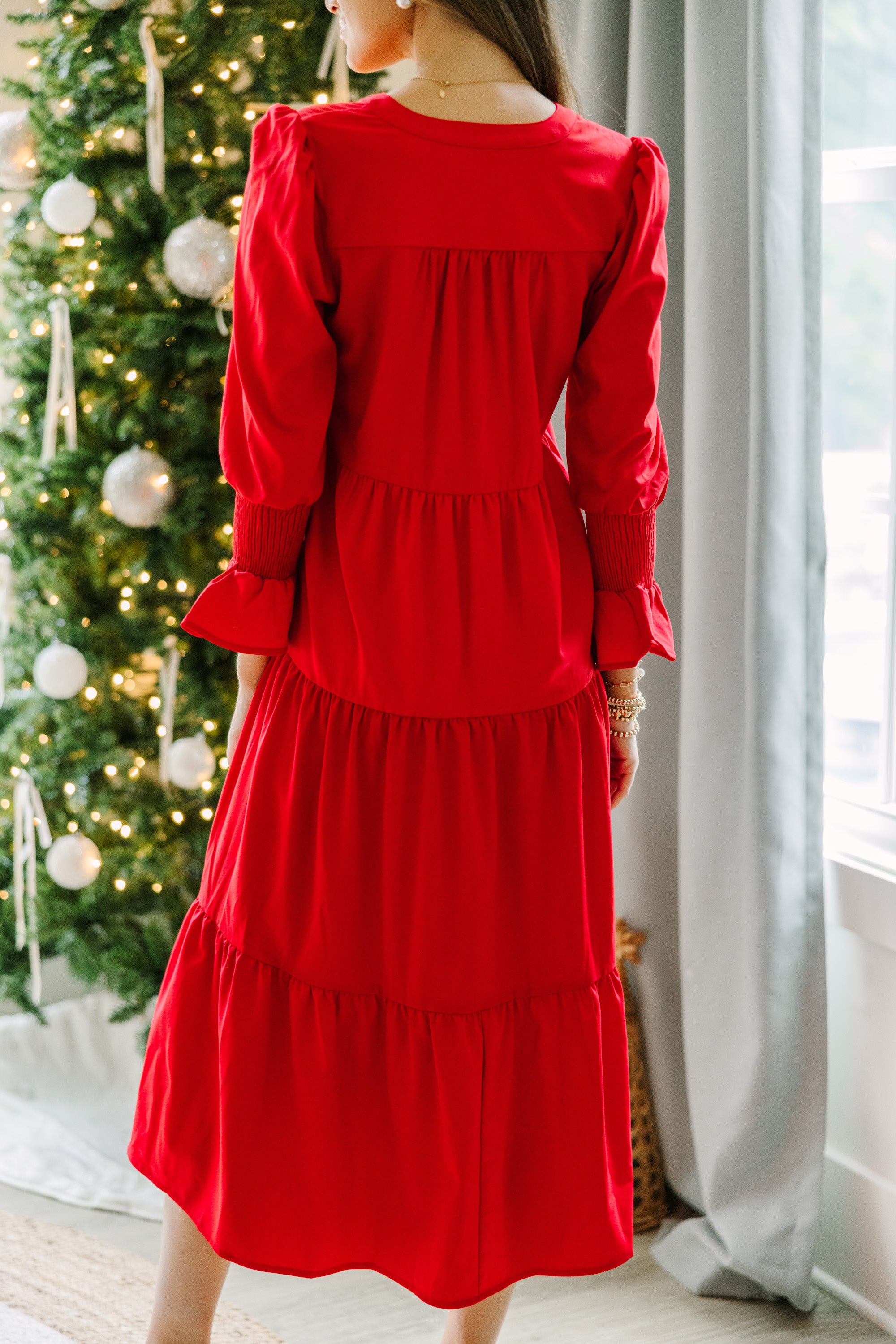 What A Surprise Red Tiered Midi Dress