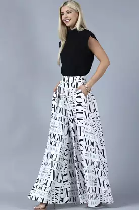 White Black Vogue Print Palazzo Pants