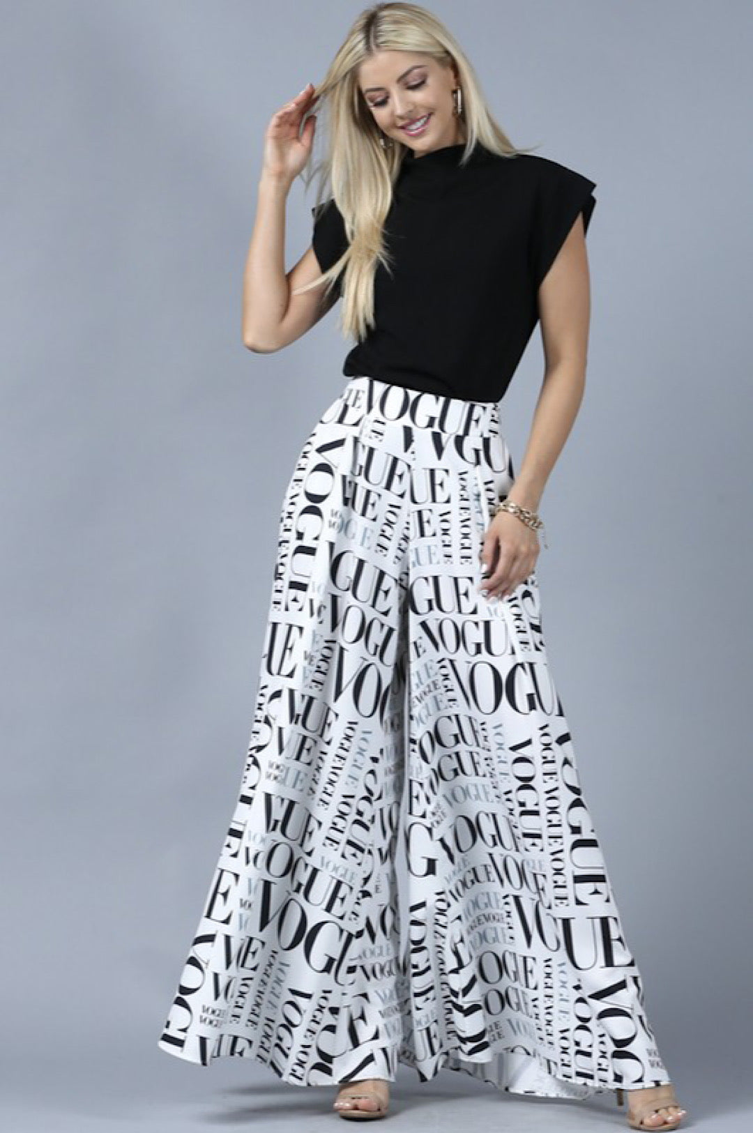 White Black Vogue Print Palazzo Pants