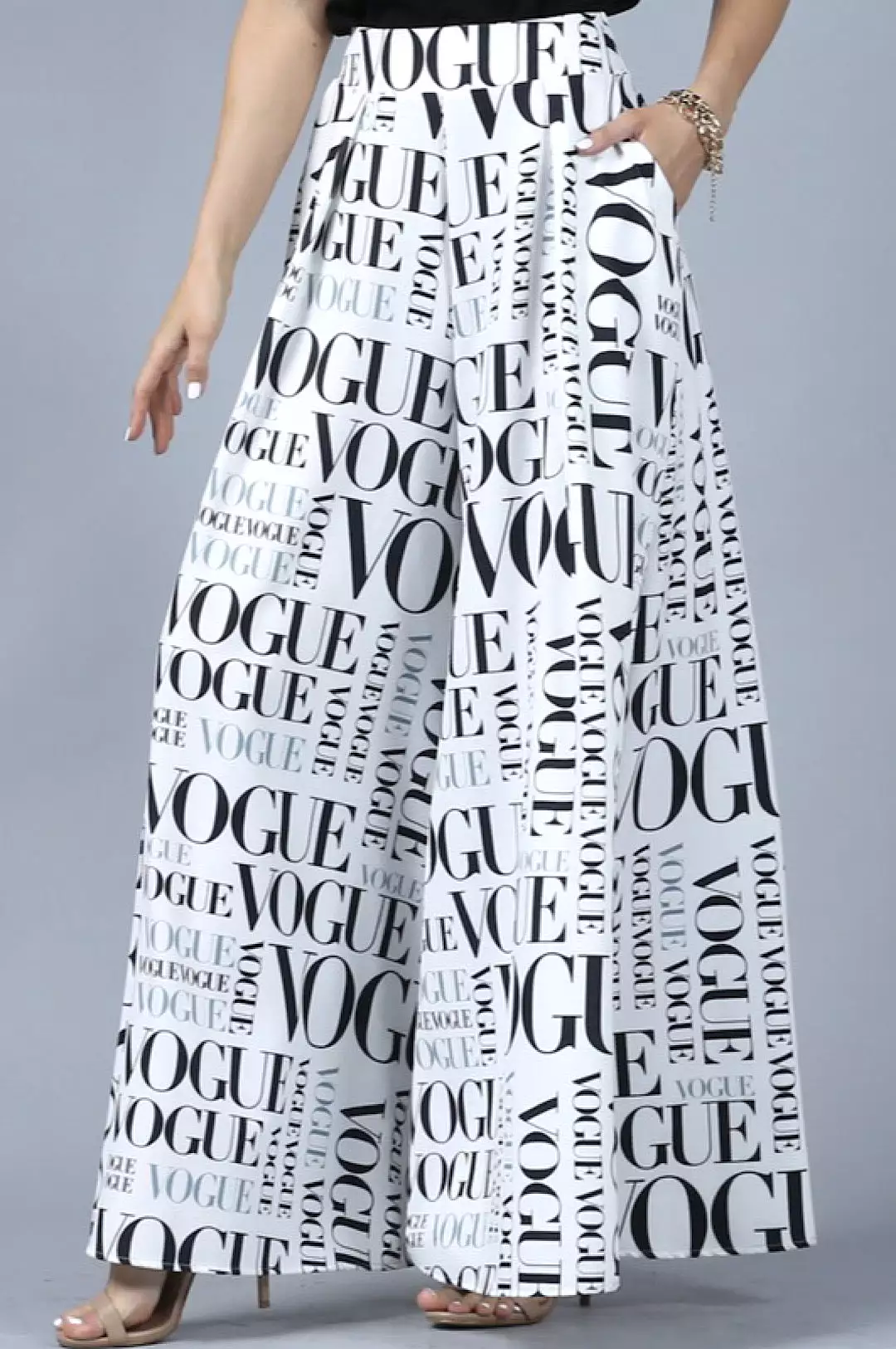 White Black Vogue Print Palazzo Pants