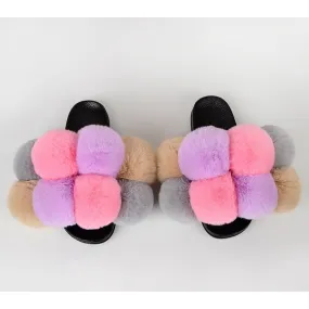 Women's Fashion Fluffy Summer Synthetic Fur Slides Flip Flop Big Flat Slippers