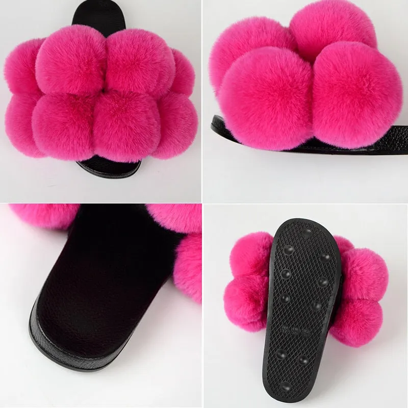 Women's Fashion Fluffy Summer Synthetic Fur Slides Flip Flop Big Flat Slippers