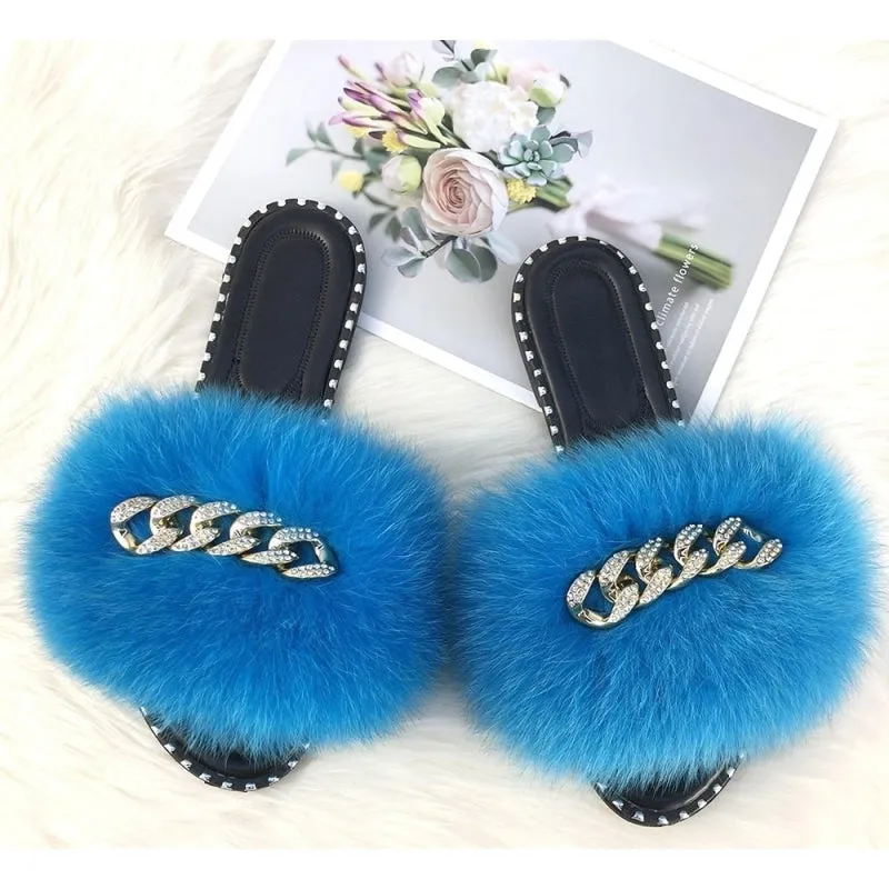 Women's Luxury Lake Blue Fluffy Fur Soft Slide Rubber House Slippers