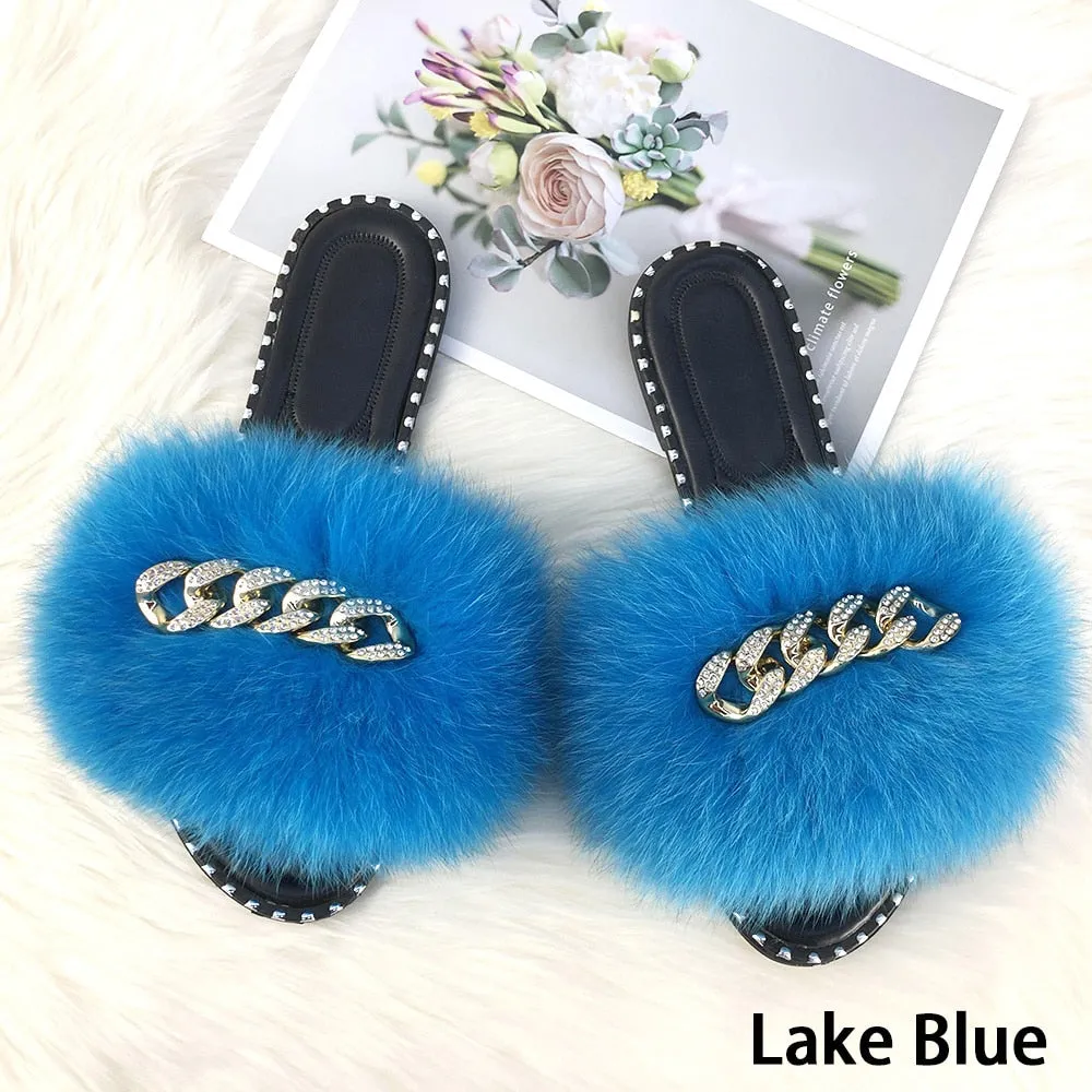 Women's Luxury Lake Blue Fluffy Fur Soft Slide Rubber House Slippers