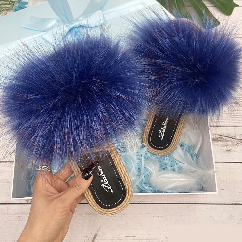 Women's Luxury Natural Raccoon Fur Slides Flip Flop Flat Slippers