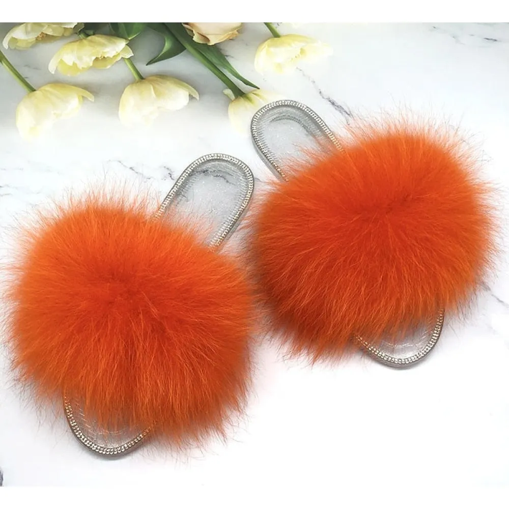 Women's Orange Color Real Fur Fluffy Slides Transparent Flip Flop Sandals