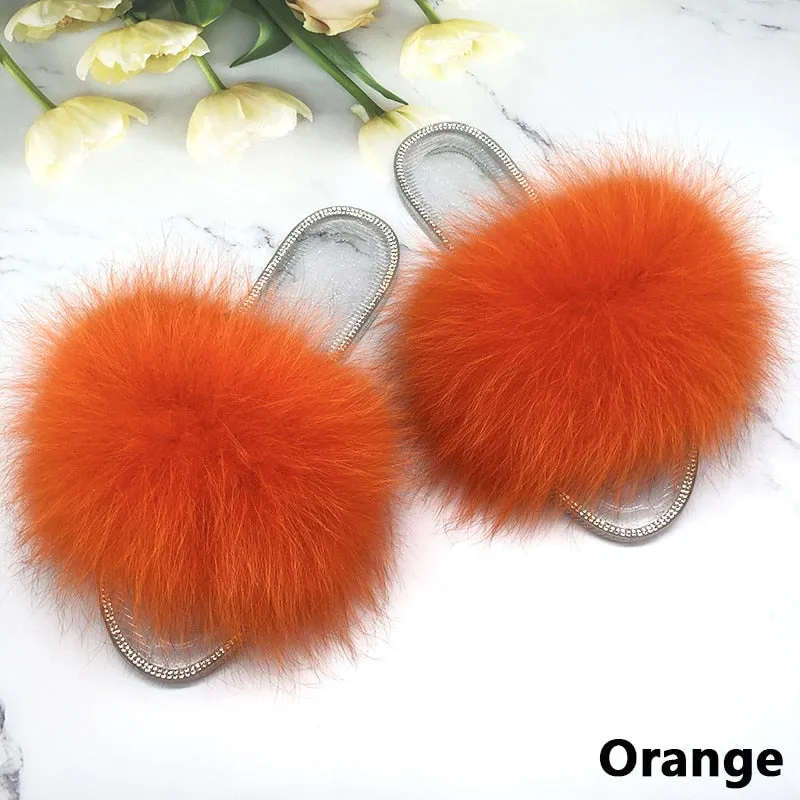 Women's Orange Color Real Fur Fluffy Slides Transparent Flip Flop Sandals