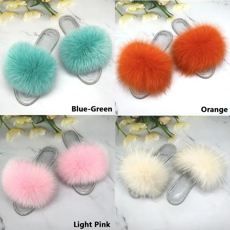 Women's Orange Color Real Fur Fluffy Slides Transparent Flip Flop Sandals