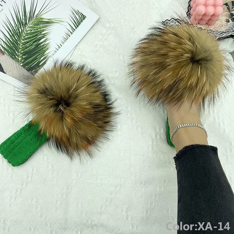 Women's Summer Fluffy Real Fur Slides Flat Cotton House Slippers