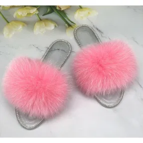 Women's Summer Pink Color Real Fur Transparent Beach Slides Jelly Slippers