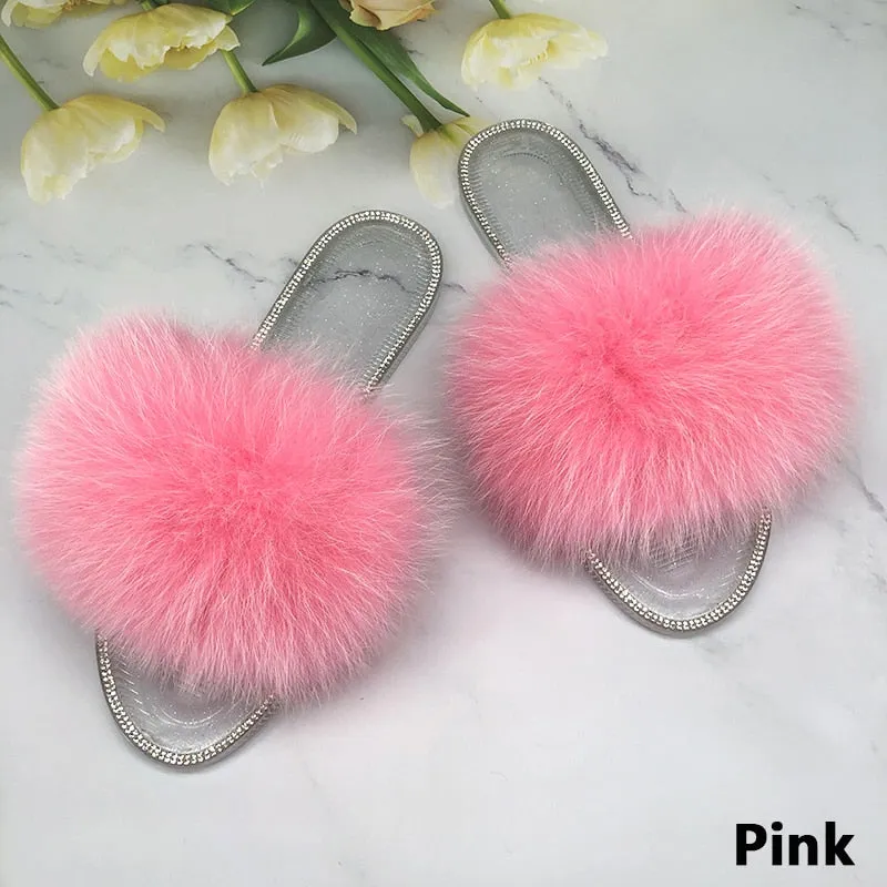 Women's Summer Pink Color Real Fur Transparent Beach Slides Jelly Slippers